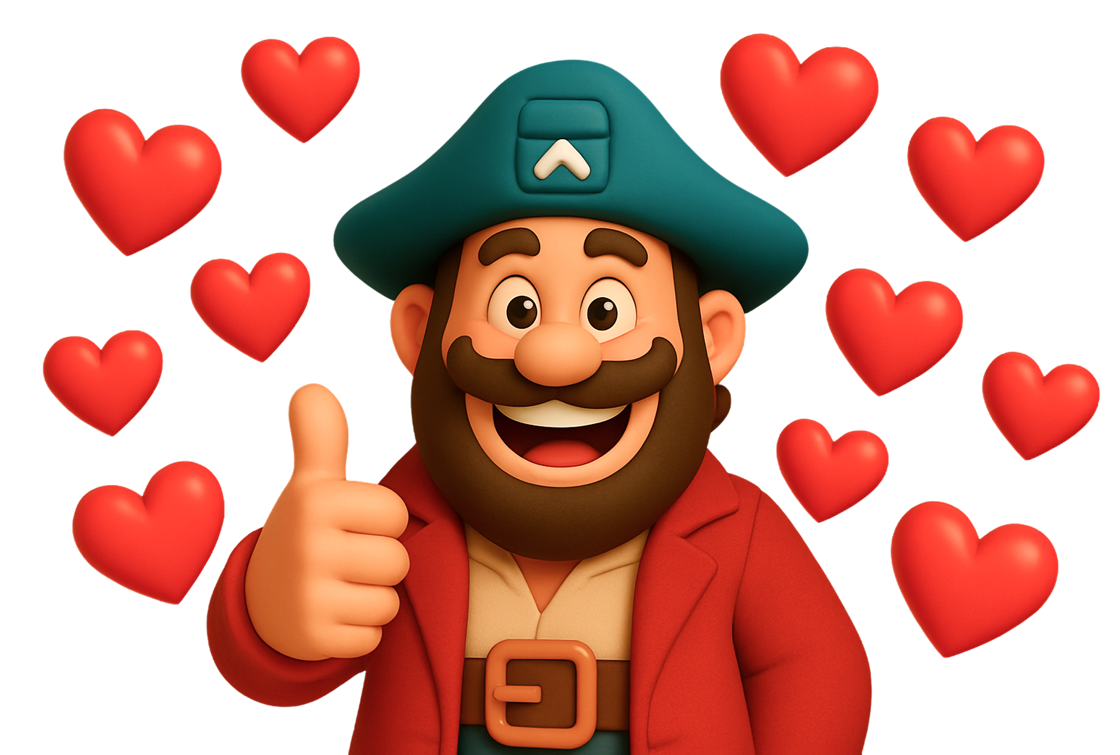 Happy pirate captain giving a thumbs up, surrounded by hearts