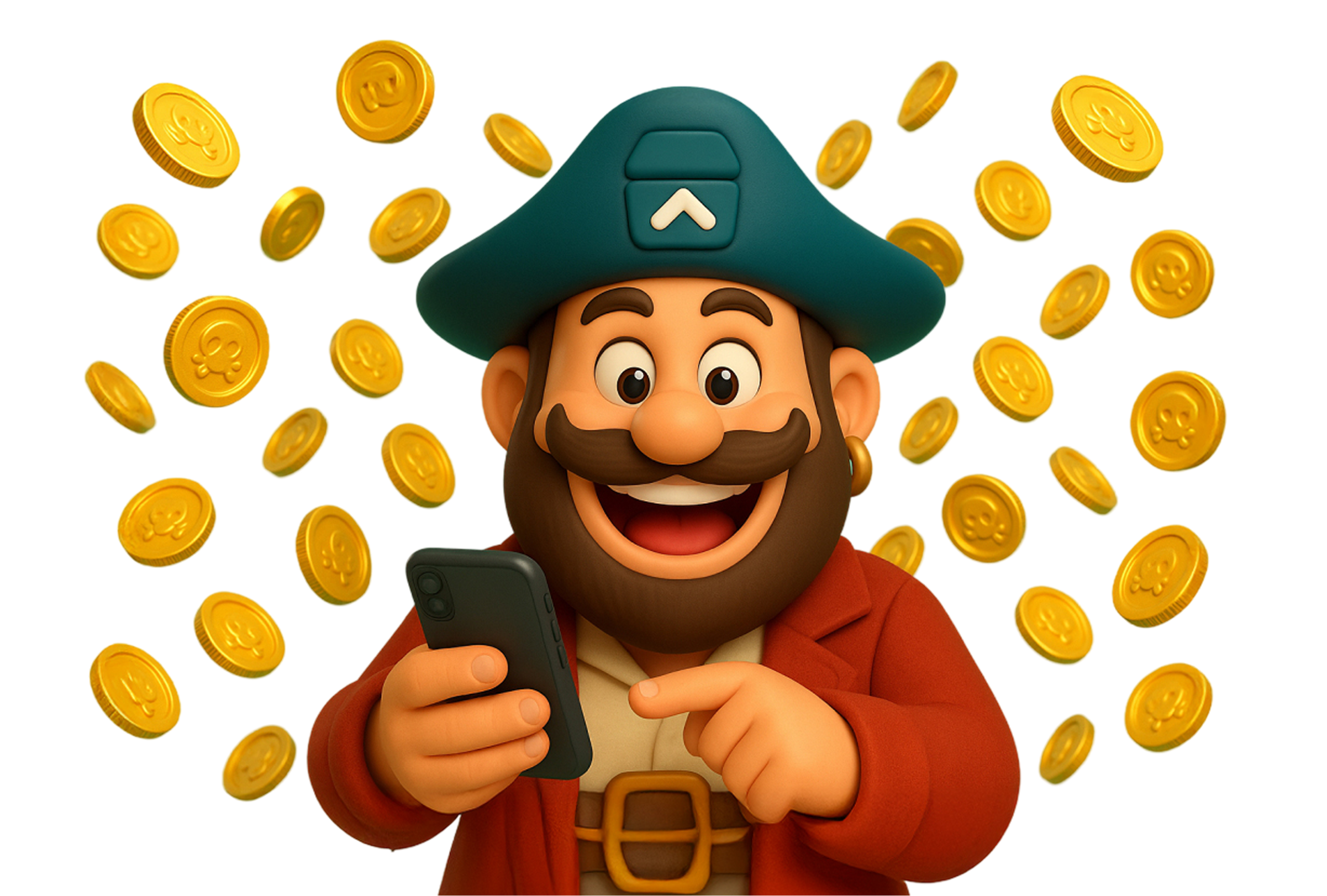 Friendly pirate captain holding a smartphone surrounded by gold coins