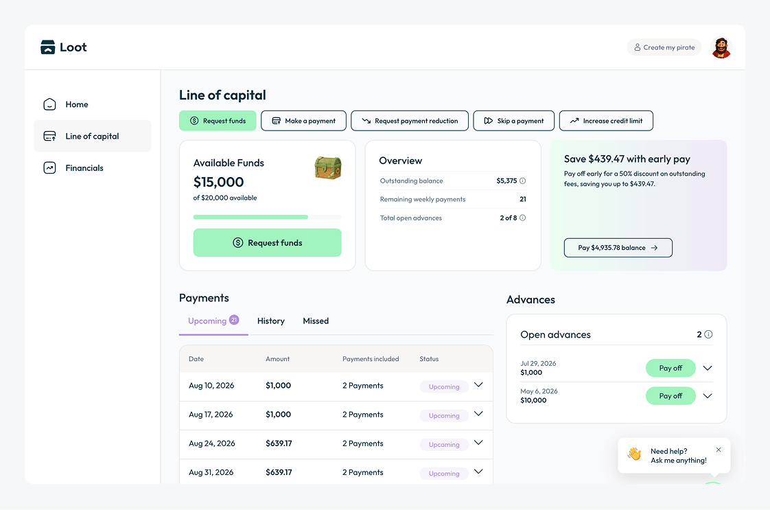 App dashboard showing payments, balance, and contracts.