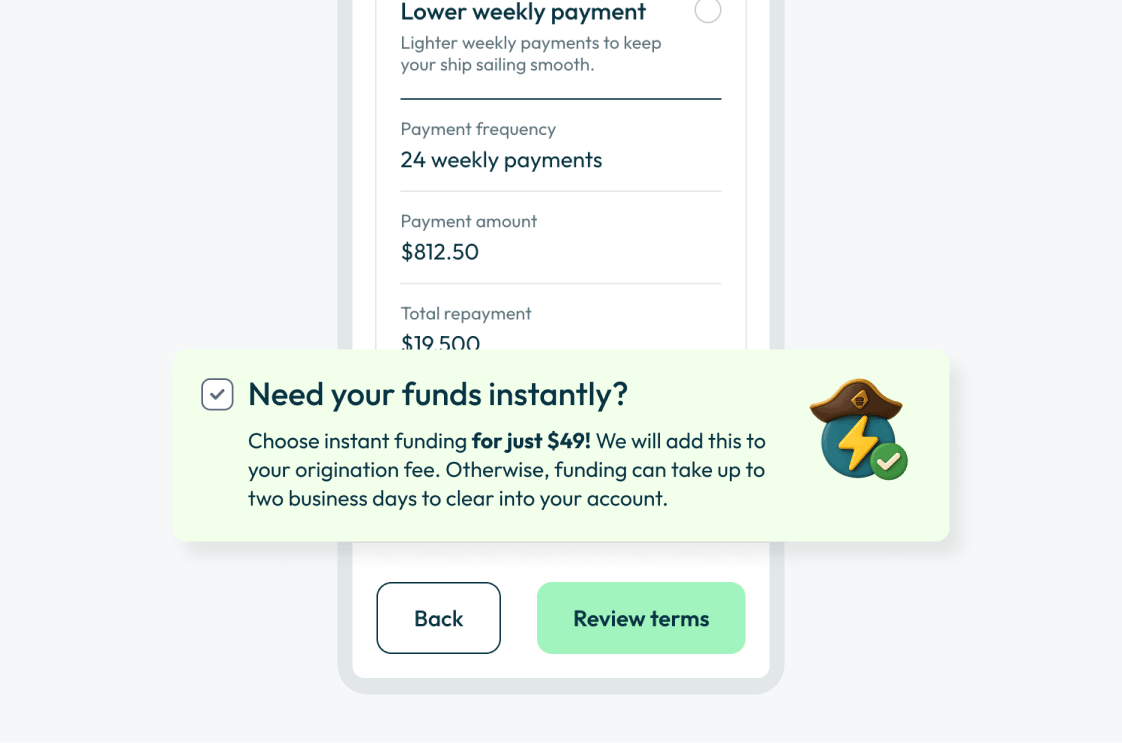 App screen with an option for instant funding for a small fee.