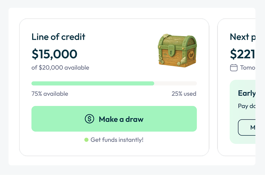 App screen showing available funds and a 'Make a draw' button.